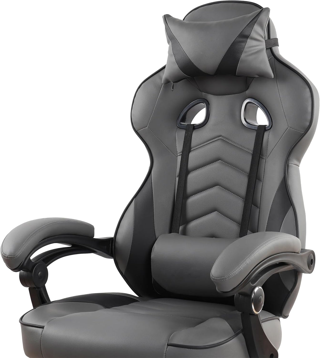 Executive Office or Gaming Chair with Footrest, Padded PU Leather Office Chair with 150-Degree Recline, Lumbar Support & Headrest Pillow, Grey