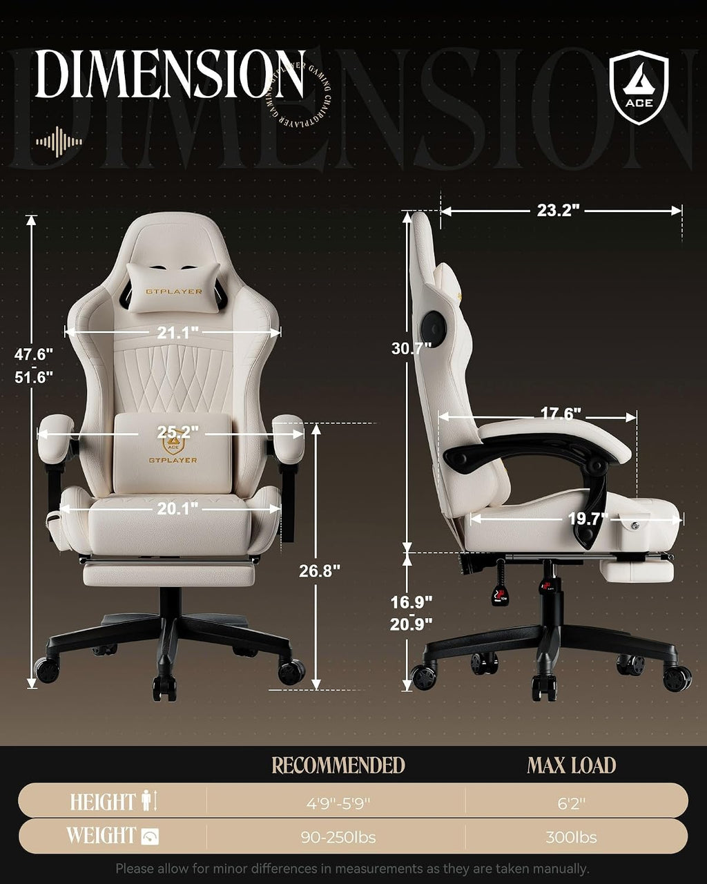 GTPLAYER Gaming Chair with Speakers, Video Game Chairs with Footrest, PC Gamer Chairs for Adults - Padded High Back Ergonomic Reclining Silla Gamer, Linkage Armrest, Ace Pro, Ivory