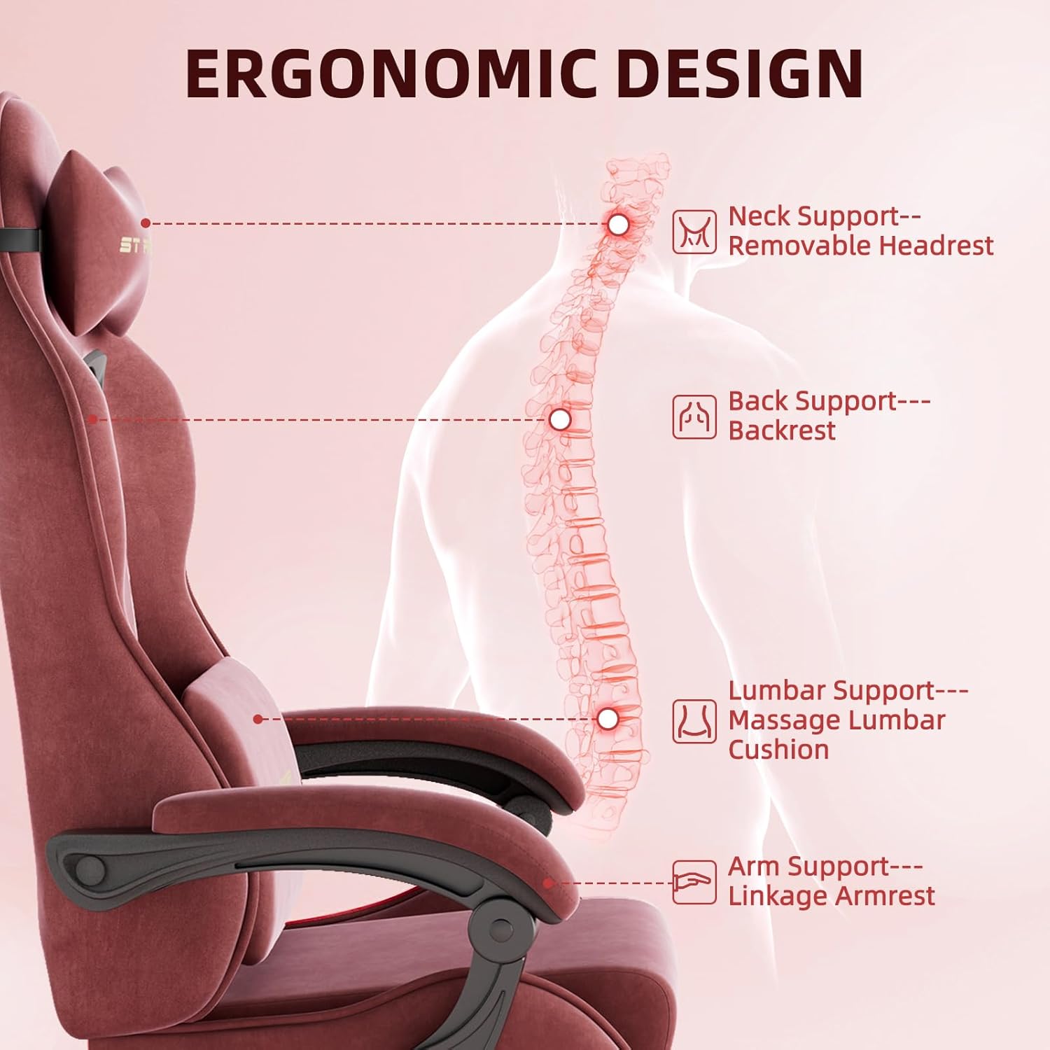 Ferghana Velvet Fabric Gaming Chair, High Back Ergonomic Gamer Chair for Adult, Comfortable Video Game Chair with Footrest and Massage Lumbar Cushion, Racing Reclining Office Computer Desk Chair Red