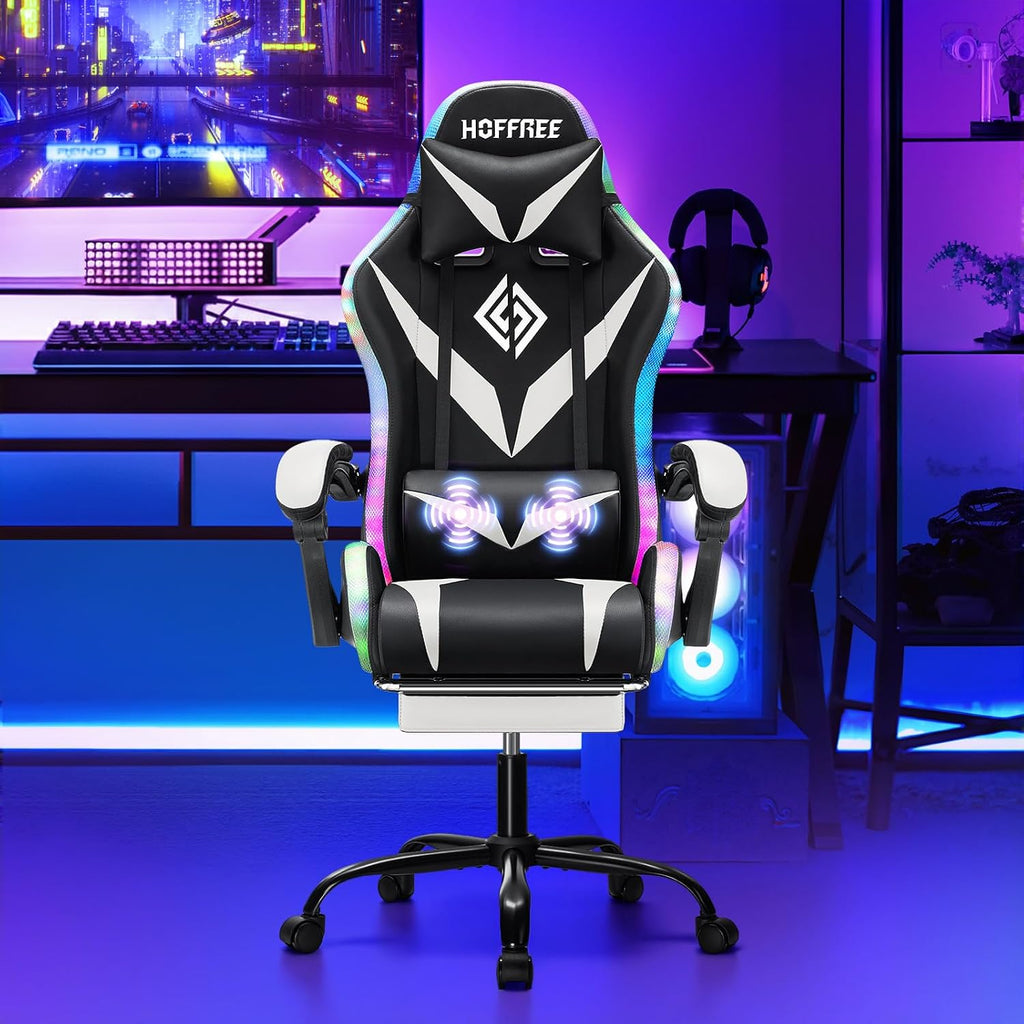 HOFFREE Gaming Chair with LED RGB Lights Massage Ergonomic Video Game Chairs with Footrest High Back Reclining Computer Chair with Adjustable Lumbar Support White and Black