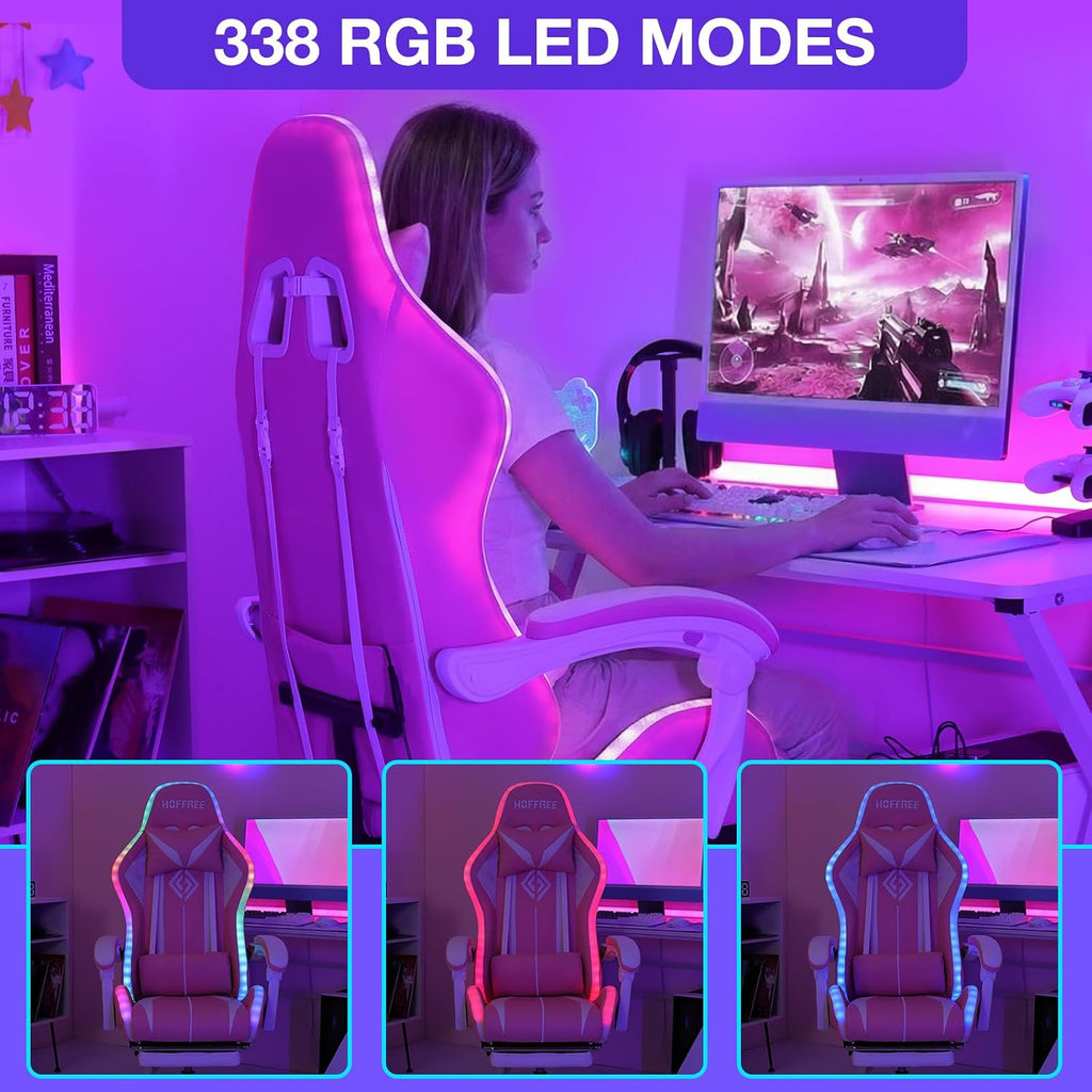 RGB Gaming Chair with Massage and LED Lights Ergonomic Computer Chair with Footrest High Back Reclining Video Game Chair with Adjustable Lumbar Support Light Pink and White