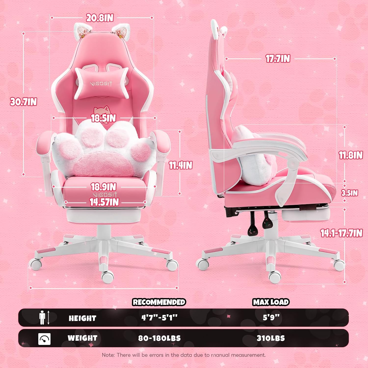 Vigosit Pink Cat Gaming Chair with Footrest, Ergonomic Cute Gamer Chair with Cat Ears, Comfortable Desk Computer Chair for Girls Adults