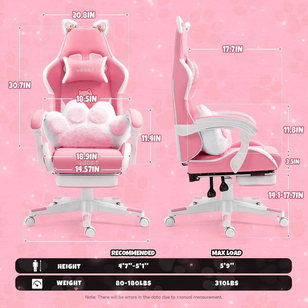 Vigosit Cute Cat Gaming Chair with Paw Lumbar Cushion, PC Video Gamer Chair for Girl Teen Woman (Pink)