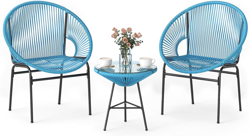 Tangkula 3 Piece Outdoor Patio Furniture Set, Acapulco Chair Set w/Plastic Rope, Tempered Glass Table, All Weather Patio Bistro Set for Patio, Lawn, Garden, Backyard (Turquoise)