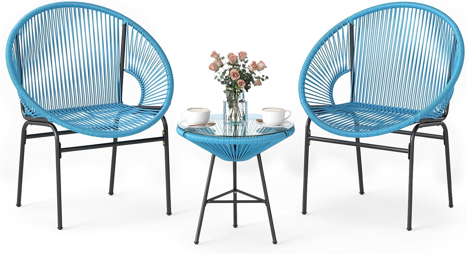 Tangkula 3 Piece Outdoor Patio Furniture Set, Acapulco Chair Set w/Plastic Rope, Tempered Glass Table, All Weather Patio Bistro Set for Patio, Lawn, Garden, Backyard (Turquoise)