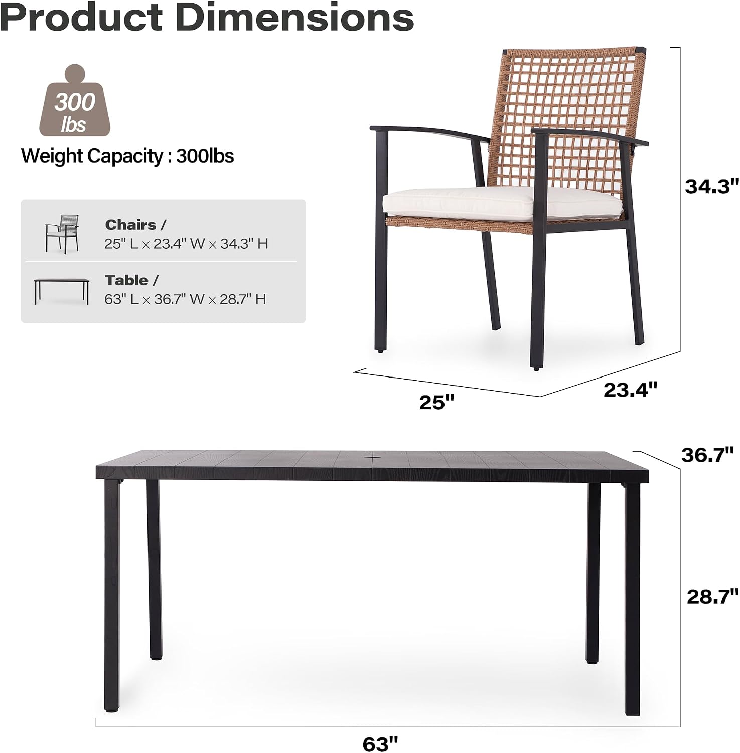 LAUSAINT HOME 7 Pieces Patio Dining Set, Outdoor Furniture Set of 6 Chairs with Soft Cushion and Iron Slats Table Top with Umbrella Hole, Conversation Set for Backyard, Garden and Poolside