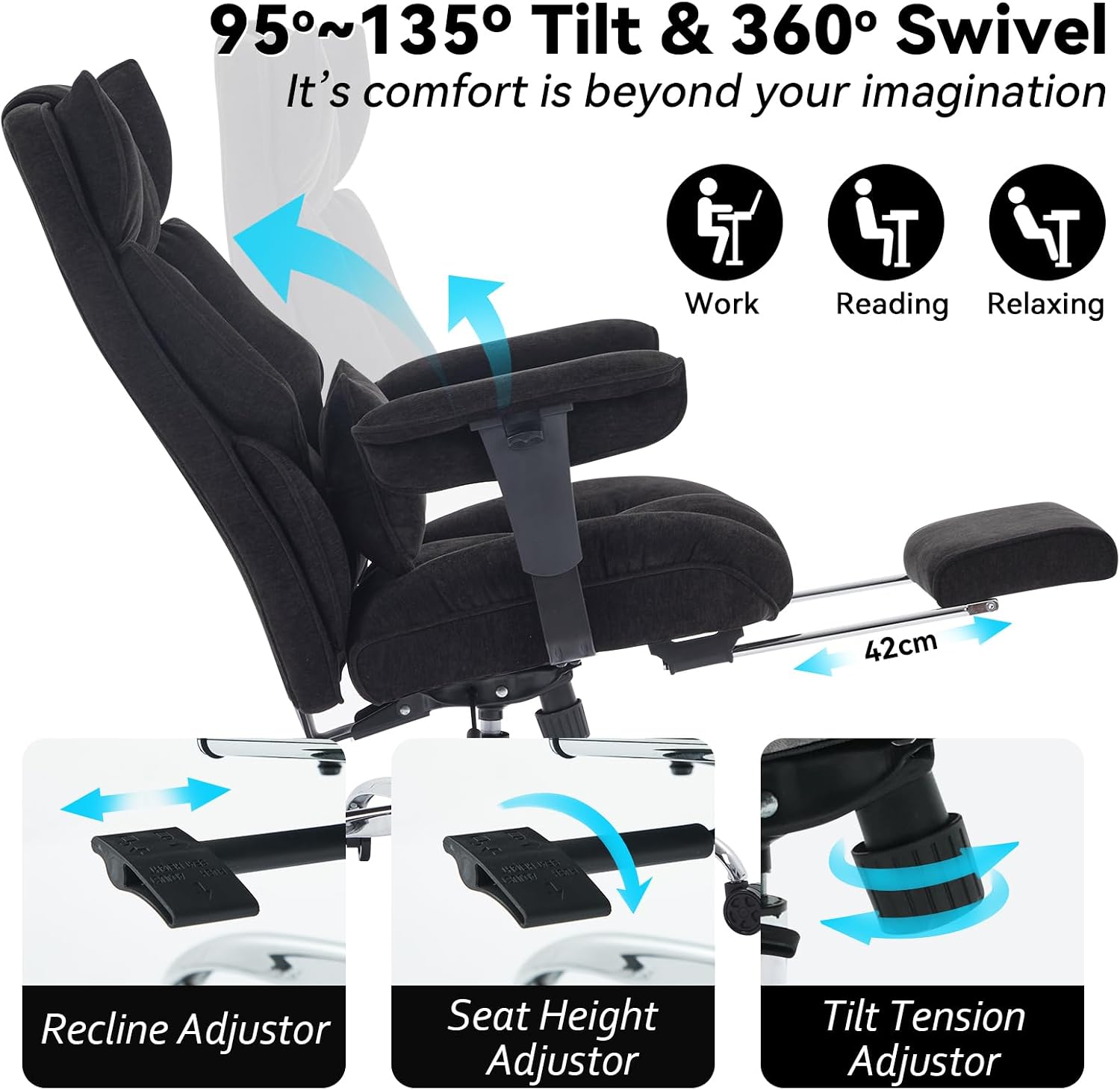 Efomao Executive Office Chair, Soft-Cushioned Computer Chair with Foot Rest, Fabric Home Office Desk Chairs, Big and Tall Office Chairs, Black