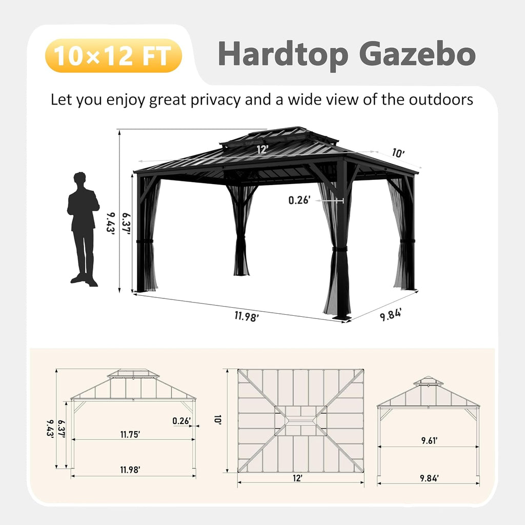 Yardenaler 10x12 FT Hardtop Gazebo Canopy with Double Galvanized Steel Roof, Permanent Outdoor Pavilion with Mesh Netting for Patio, Backyard, Garden, Black