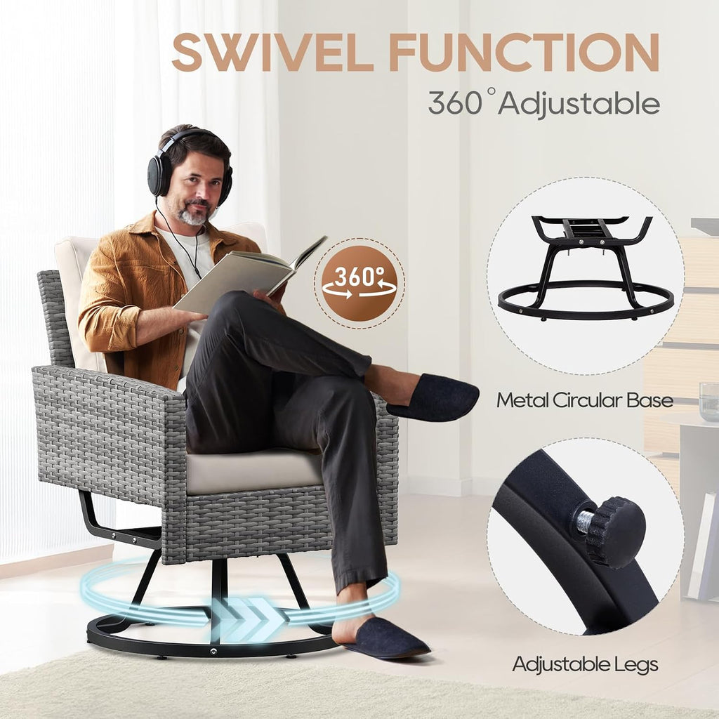 Outdoor Swivel Chair Set of 2, 3 Pcs Rattan Patio Furniture Set, Patio Bistro Set with Side Table for Porch Garden Lawn Balcony Backyard (Gray & Beige)