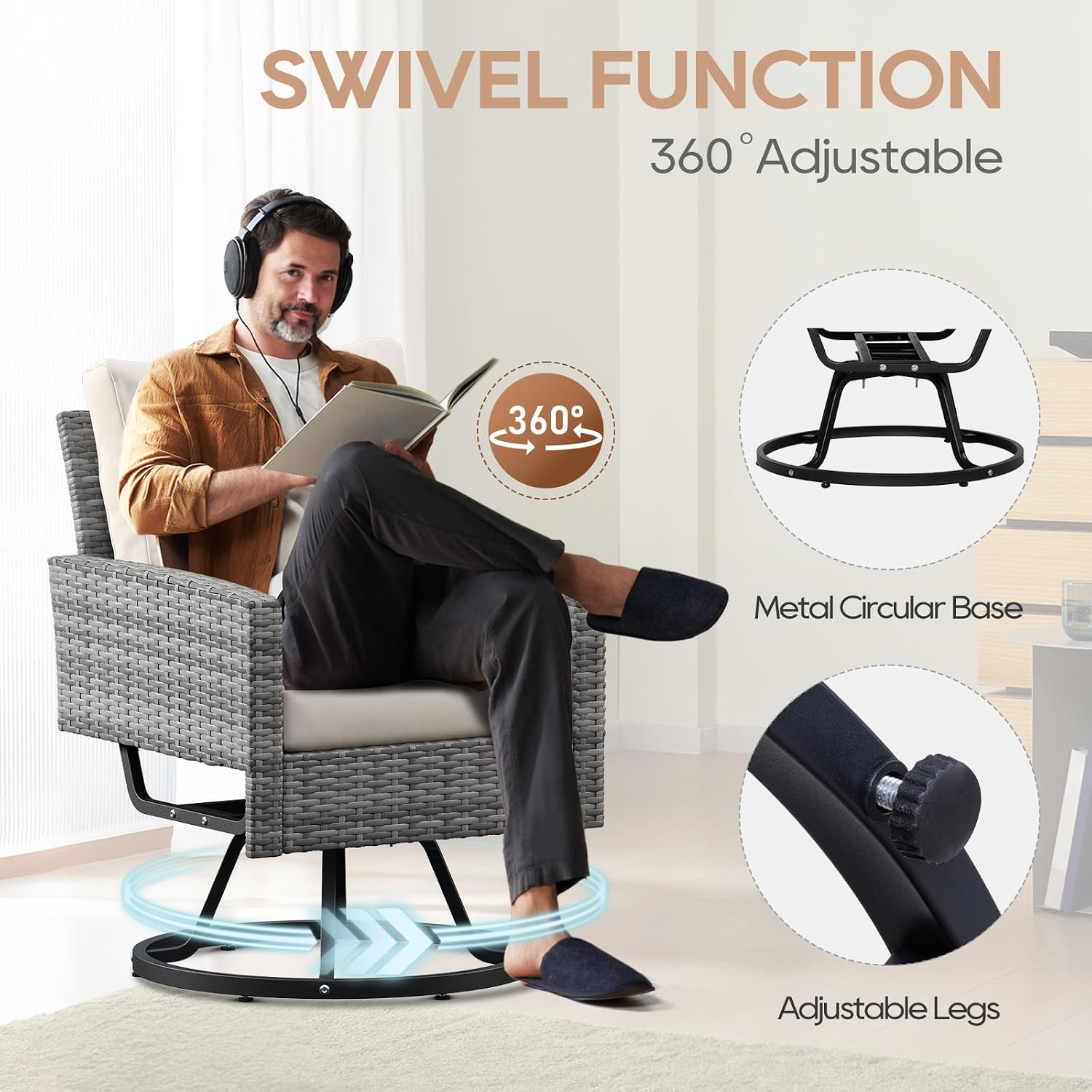 Outdoor Swivel Chair Set of 2, 3 Pcs Rattan Patio Furniture Set, Patio Bistro Set with Side Table for Porch Garden Lawn Balcony Backyard (Gray & Beige)