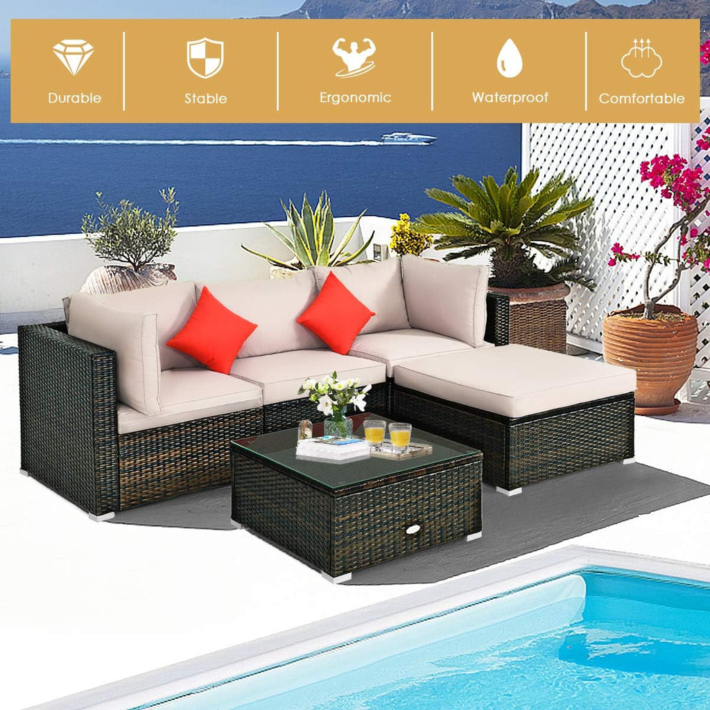 COSTWAY 5-Piece Outdoor Patio Furniture Set, Glass Top Coffee Table and Lounge Sofa with Cushions, PE Rattan Conversation Set for Garden, Deck, Backyard (Beige)
