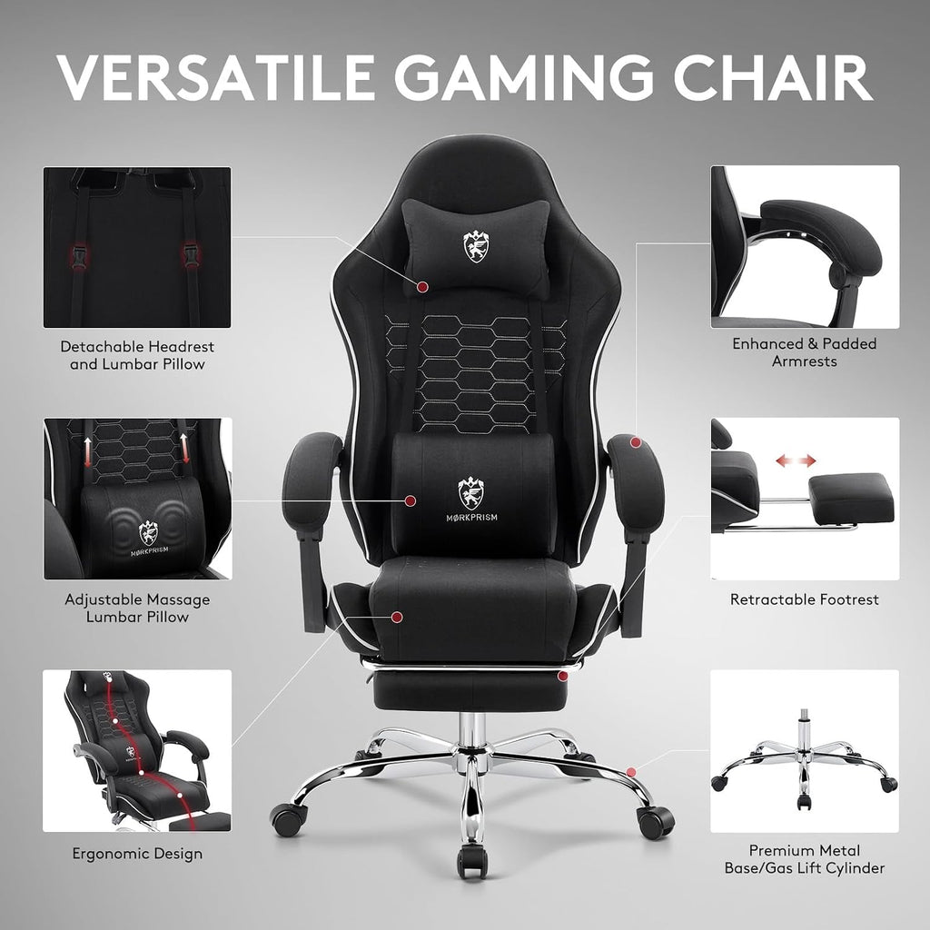 Gaming Chair Breathable Fabric,Computer Office Chair with Footrest,Massage Lumbar Support and Gel Pad,Ergonomic Reclining Adjustable Gamer Chair with Headrest and Spring Cushion Black