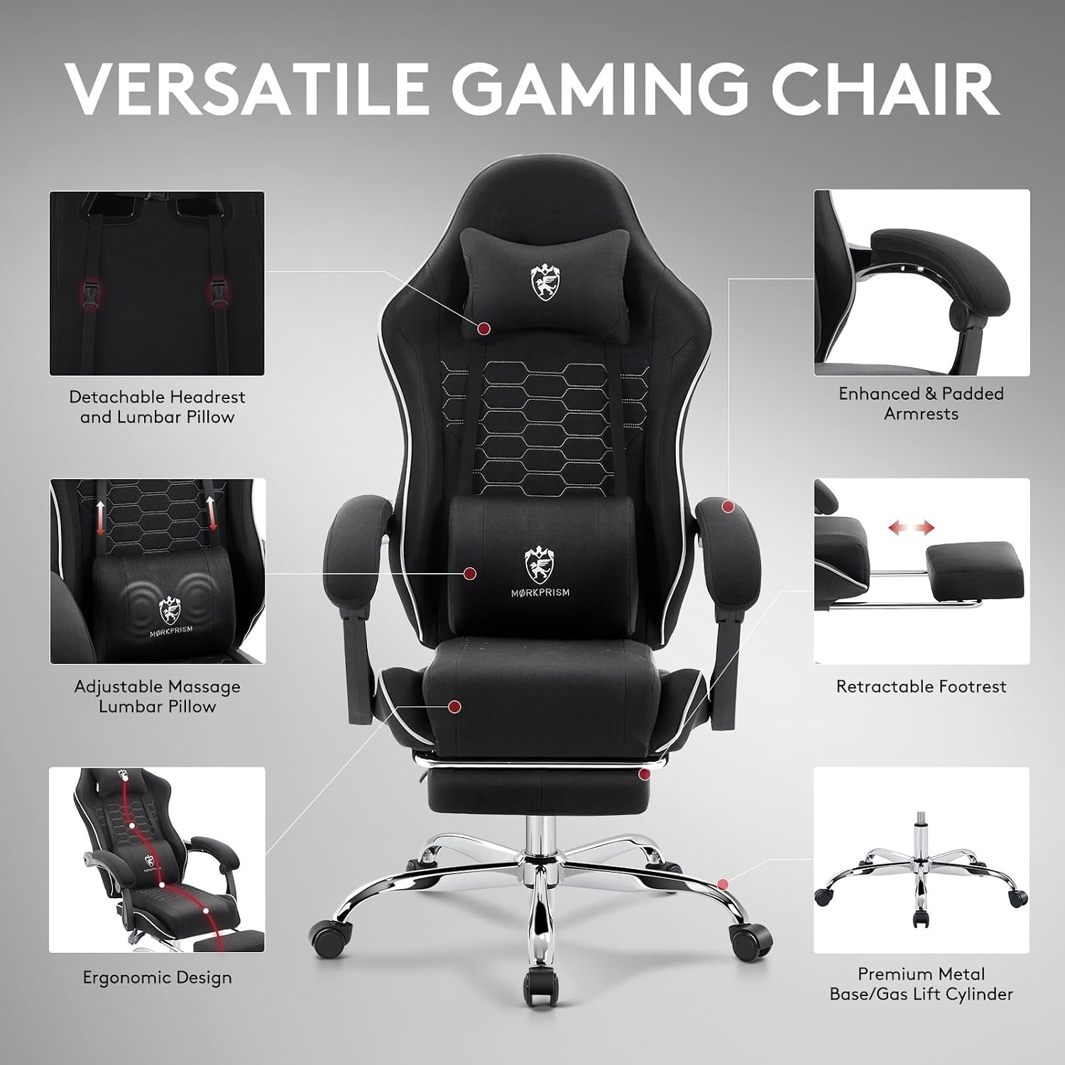 Gaming Chair Breathable Fabric,Computer Office Chair with Footrest,Massage Lumbar Support and Gel Pad,Ergonomic Reclining Adjustable Gamer Chair with Headrest and Spring Cushion Black