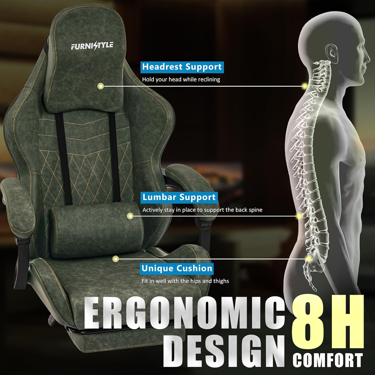 Gaming Chair Video Game Chairs with Large Headrest Pillow, Linkage Armrests, Retro PU Leather Ergonomic Computer Chair for Gaming or Office, Green