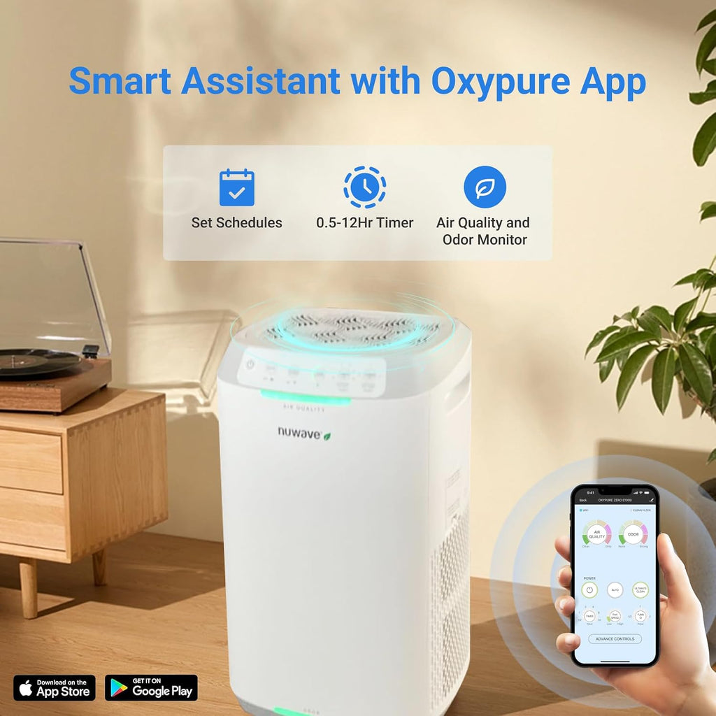 Nuwave Oxypure Zero Air Purifier with Washable Reusable Filters for Large Room | Smart Air Cleaners 99.9% Removal 0.1 Micron Particles | Dual Odor Sensor, Sleep Mode, 6 Fan Speed & Timer, App Control
