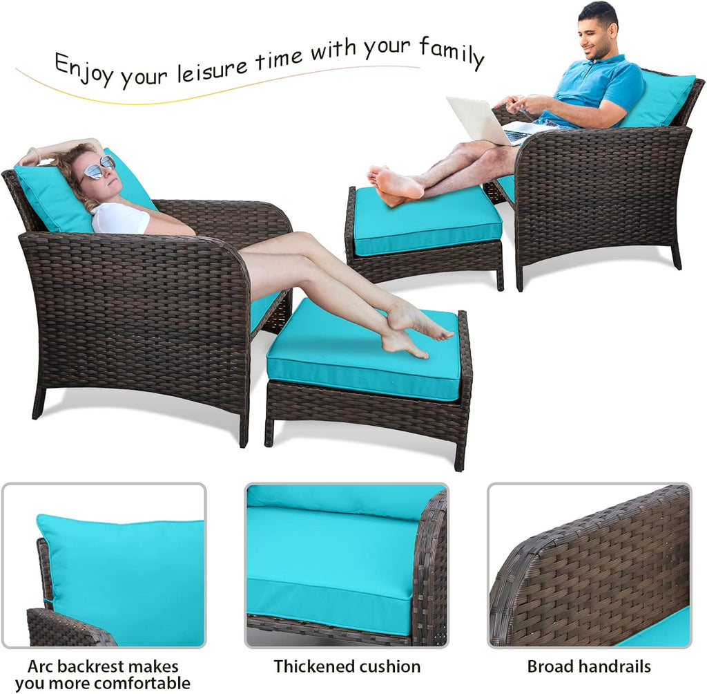 LEVELEVE Balcony Furniture 5 Piece Patio Conversation Set, PE Wicker Rattan Outdoor Lounge Chairs with Soft Cushions 2 Ottoman&Glass Table for Porch, Lawn-Brown Wicker