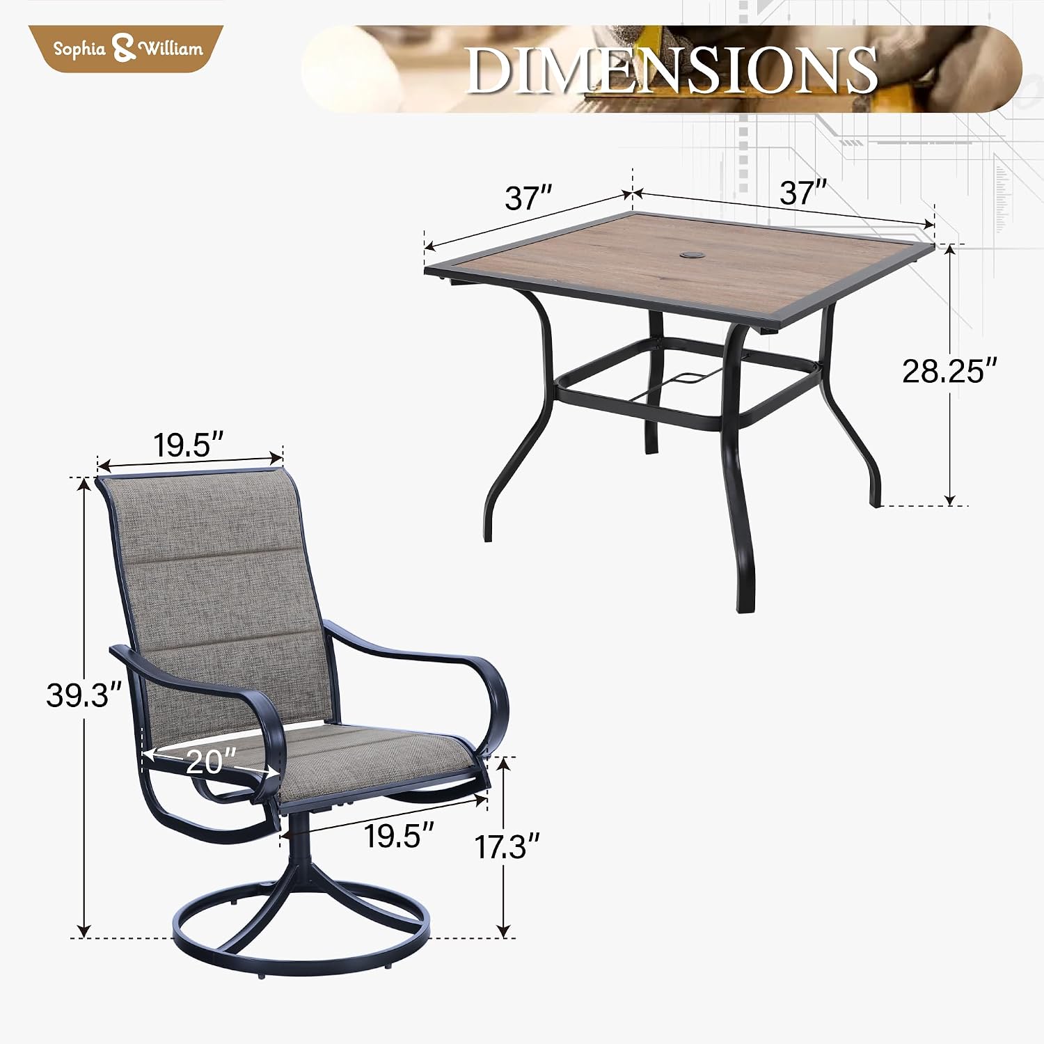 Sophia & William Patio Dining Set, 1 Square Wood Like Umbrella Table 37', 4 Swivel Chairs Furniture Set for Outdoor Garden Lawn Pool Easy to Care Weather Resistant