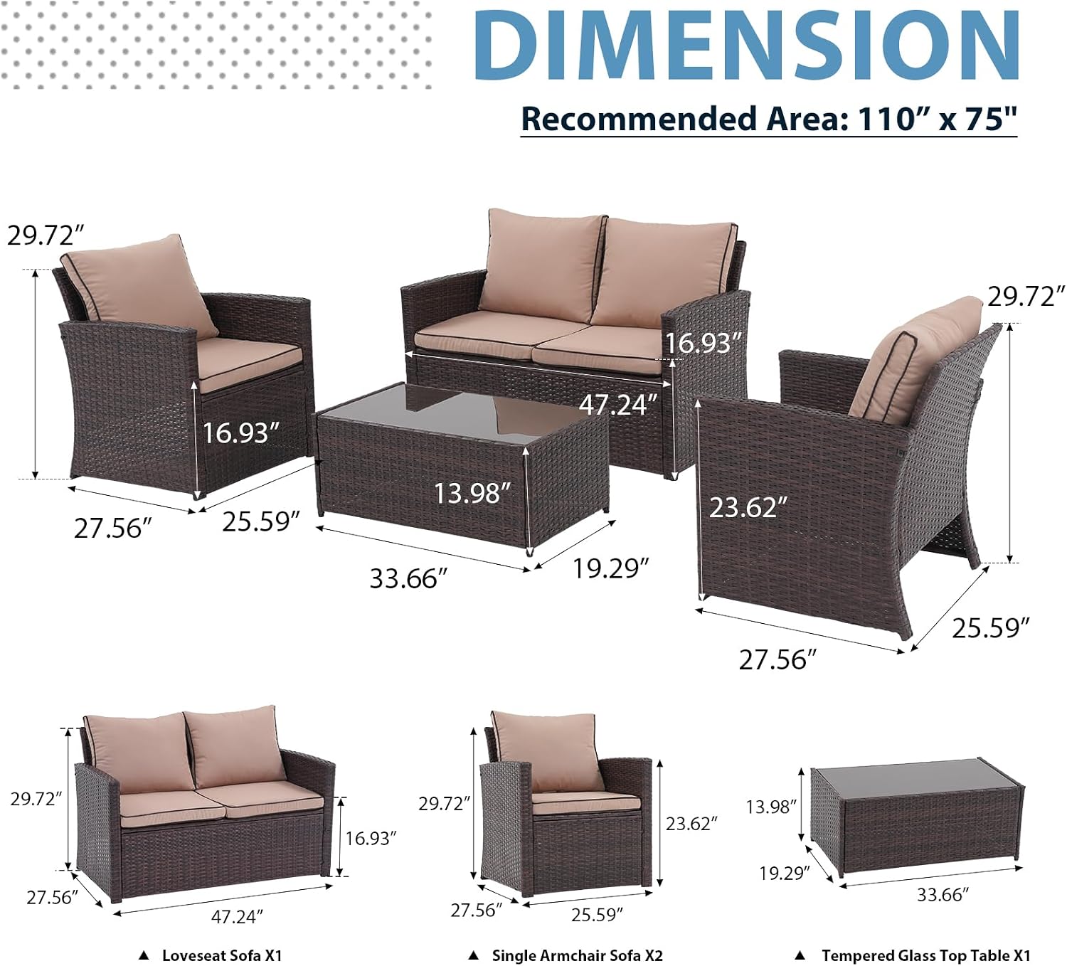JOIVI Patio Furniture Set, 4 Piece Outdoor Patio Conversation Set, All-Weather PE Rattan Wicker Sectional Patio Sofa Set with Tempered Glass Coffee Table, Brown