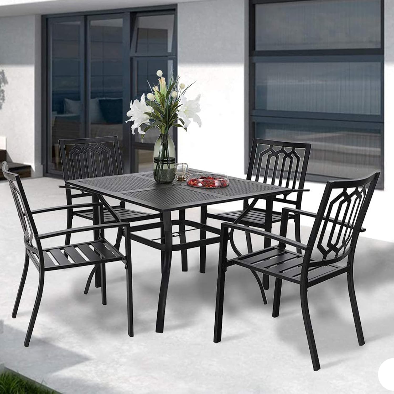 MFSTUDIO Patio Dining Set for 4, Outdoor Table and Chairs Set with Umbrella Hole, 5 Piece Metal Patio Furniture Set for Deck, Backyard, Poolside & Garden