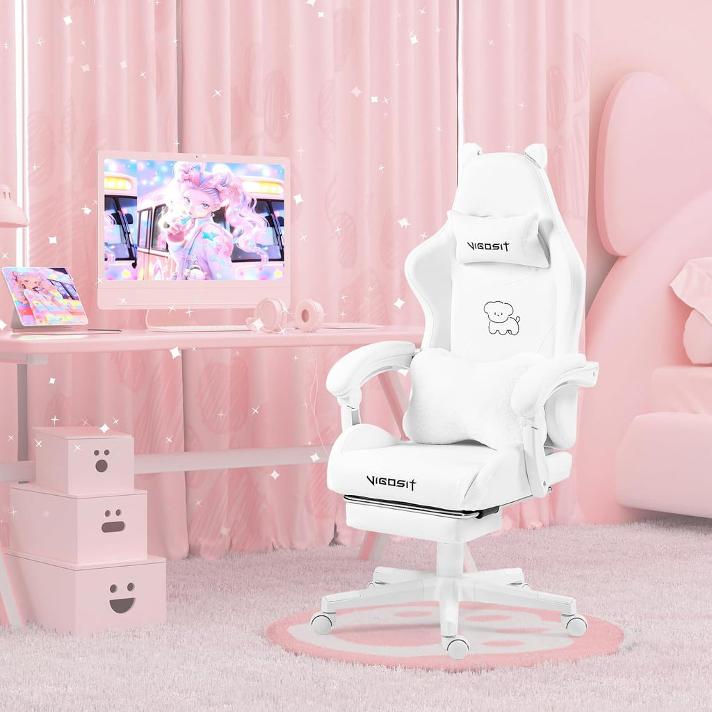 Vigosit Cute Cat Gaming Chair with Paw Lumbar Cushion, PC Video Gamer Chair for Girl Teen Woman (White)