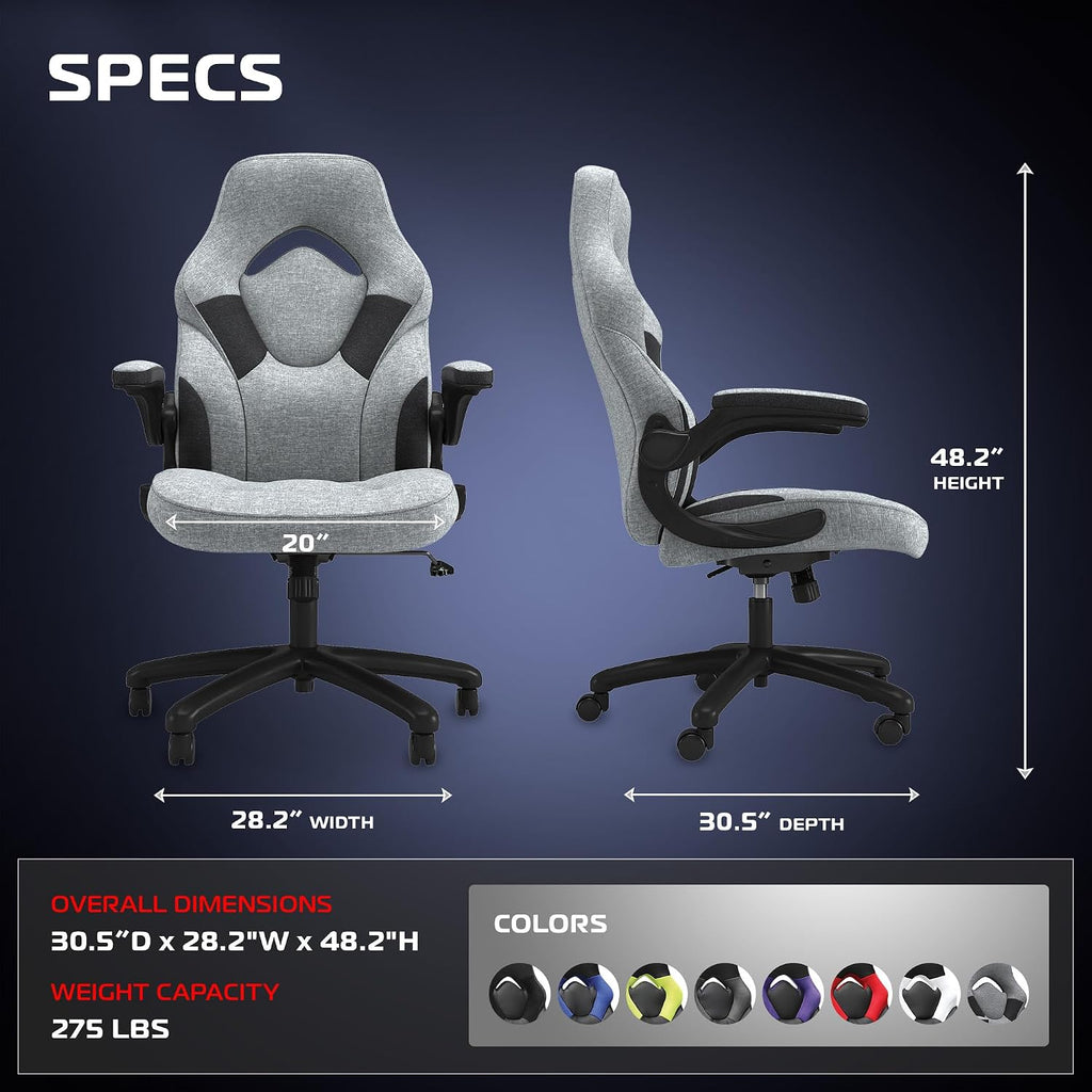 RESPAWN 3085 Ergonomic Gaming Chair for Adults, High Back Office Chair with Headrest and Flip Up Arms, Leather Racing Style Gaming Seat with Lumbar Support, Video Game Computer Desk Seat - Gray Fabric