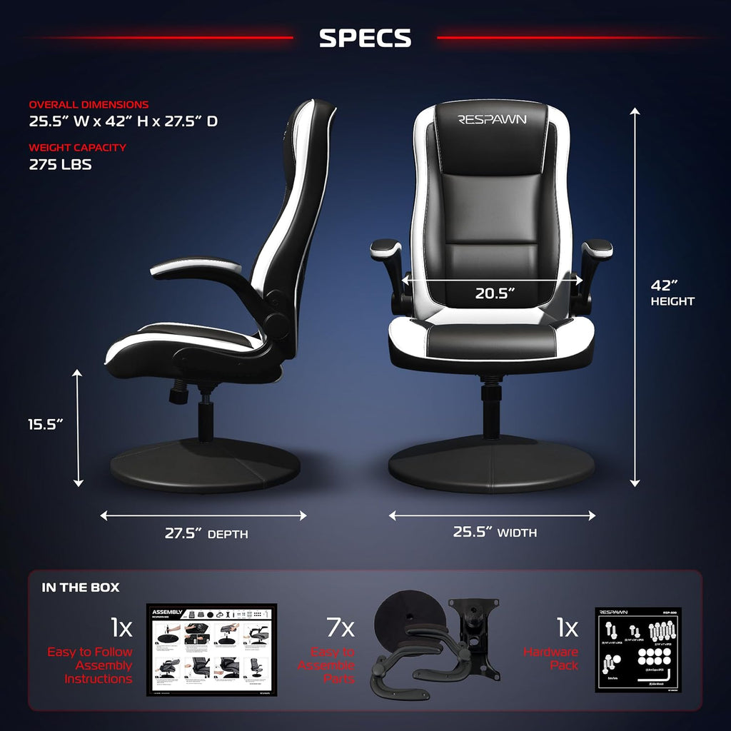 RESPAWN 800 Swivel Rocker Gaming Chair - Ergonomic Floor Gaming Seat with Lumbar Support, Flip Up Armrest, High Back, Pedestal Base, Comfortable No Wheels Console Video Game Rocker Chair - White