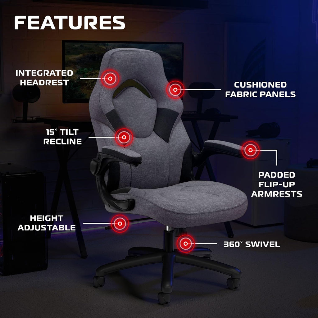 RESPAWN 3085 Ergonomic Gaming Chair for Adults, High Back Office Chair with Headrest and Flip Up Arms, Leather Racing Style Gaming Seat with Lumbar Support, Video Game Computer Desk Seat - Gray Fabric