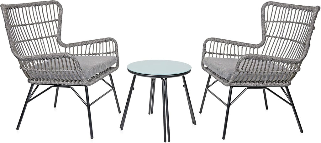 Alpine Corporation Patio Furniture 3 Pieces Outdoor Resin Wicker Conversation with Cushions Bistro Set for Patio & Deck, Gray