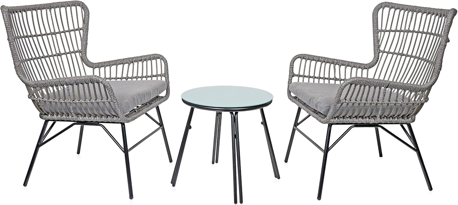 Alpine Corporation Patio Furniture 3 Pieces Outdoor Resin Wicker Conversation with Cushions Bistro Set for Patio & Deck, Gray