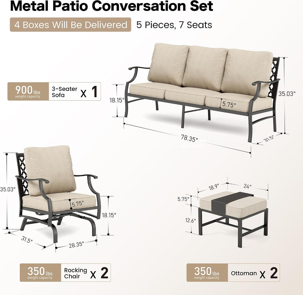SUNSHINE VALLEY Patio Furniture Set, Modern Metal Outdoor Patio Furniture, 3 Seater Sofa, 2 Rocking Chairs, 2 Ottomans and 5.75' Extra Thick Cushion, Patio Conversation Set for Garden Backyard Deck