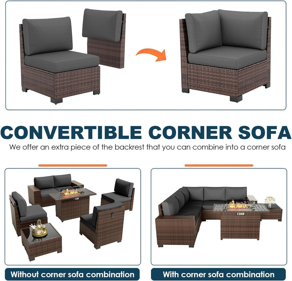 Patio Furniture Set with Fire Pit Table, 7 Piece Outdoor Sectional Conversation Sets Wicker Rattan Sectional Sofa with Coffee Table for Patio Garden Backyard, 4'' Thickened Cushion Dark Grey