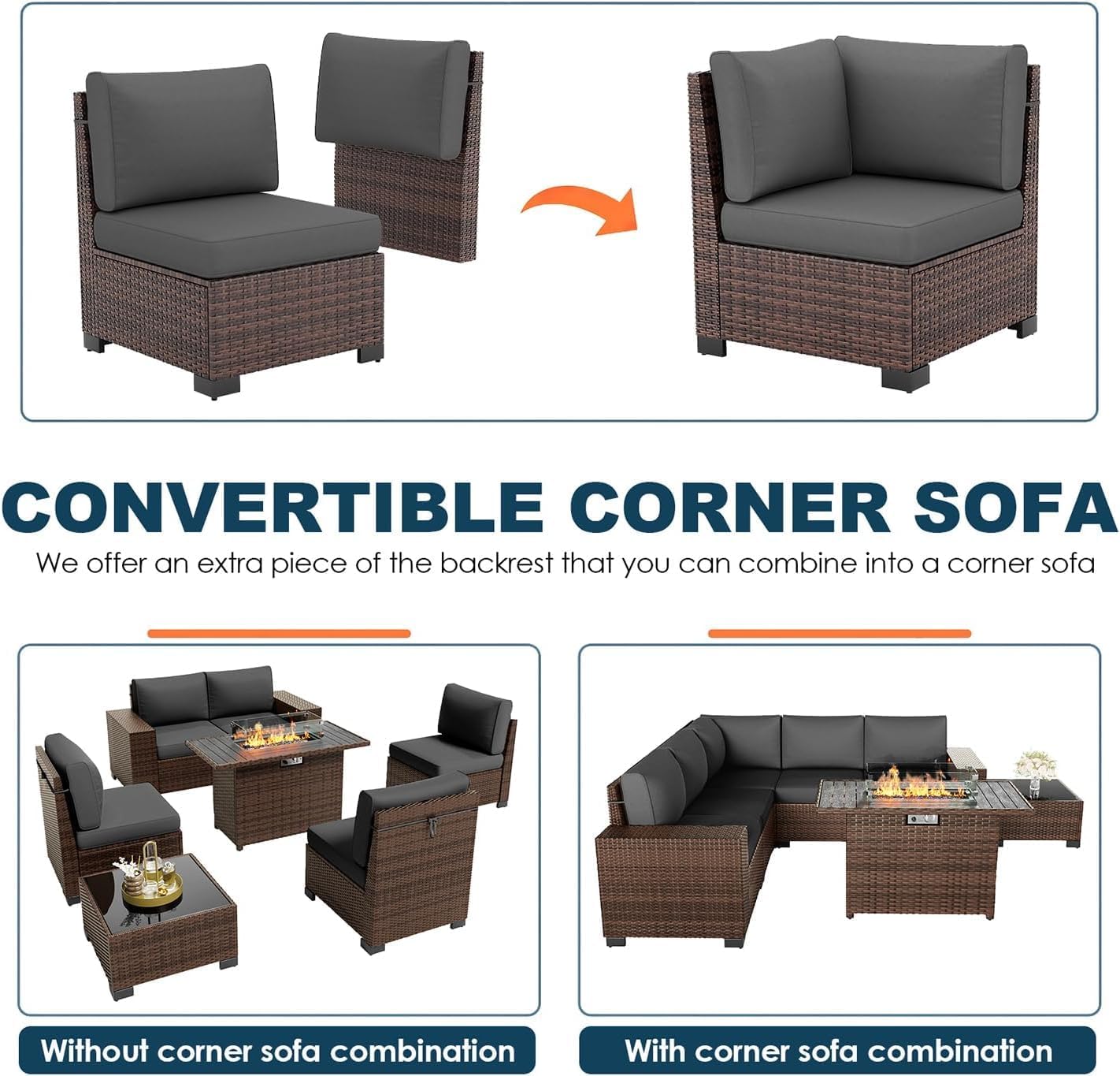 Patio Furniture Set with Fire Pit Table, 7 Piece Outdoor Sectional Conversation Sets Wicker Rattan Sectional Sofa with Coffee Table for Patio Garden Backyard, 4'' Thickened Cushion Dark Grey