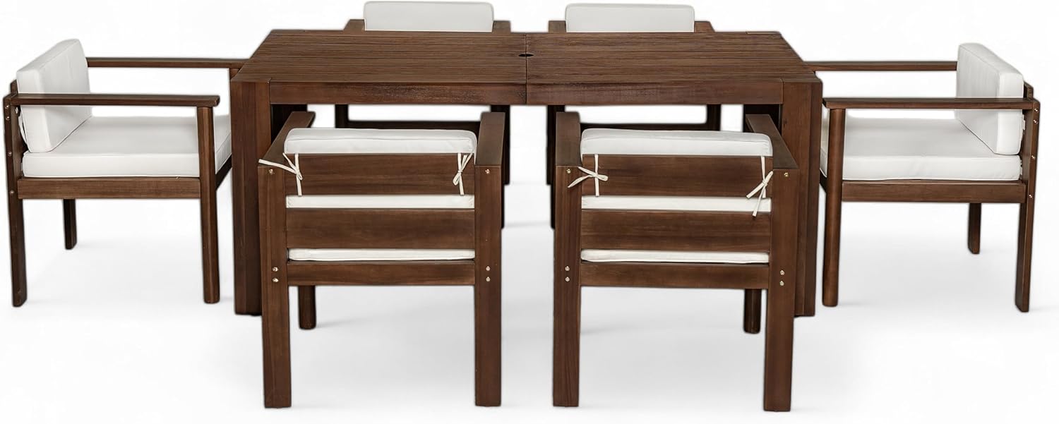 Merax 7-Piece Patio Dining Table Set,Outdoor Furniture Set with 72.8' Rectangle Table & 6 Chairs,Adjustable Leveling Feet,Umbrella Hole for Backyard,Garden,Poolside,Brown+ Beige