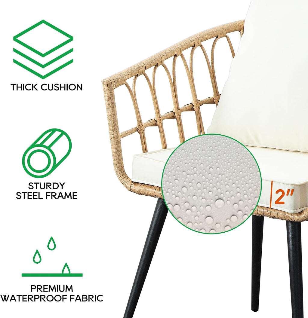 PORWEY 3 Piece Patio Bistro Set, Outdoor Wicker Apartment Balcony Furniture Sets, Rattan Table and Chairs Set of 2 for Porch Backyard Lawn Poolside Deck, Beige