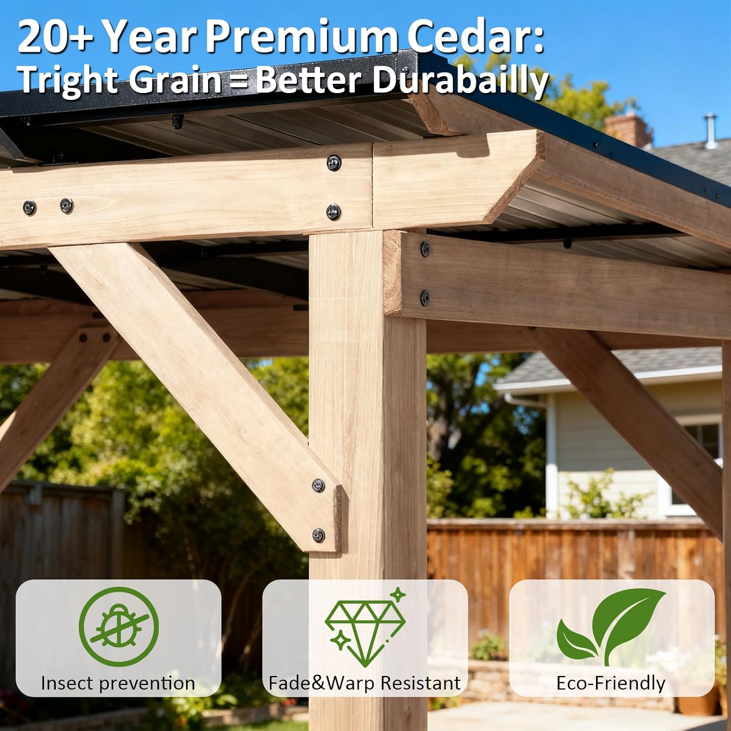 CHARMELEON 10x12 FT Cedar Wood Gazebo,Wooden Gazebo with 4.6in Thickened Posts&Sloped Galvanized Steel Roof,Permanent Hardtop Patio Pavilion for Outdoor, Patio, Backyard-Gray