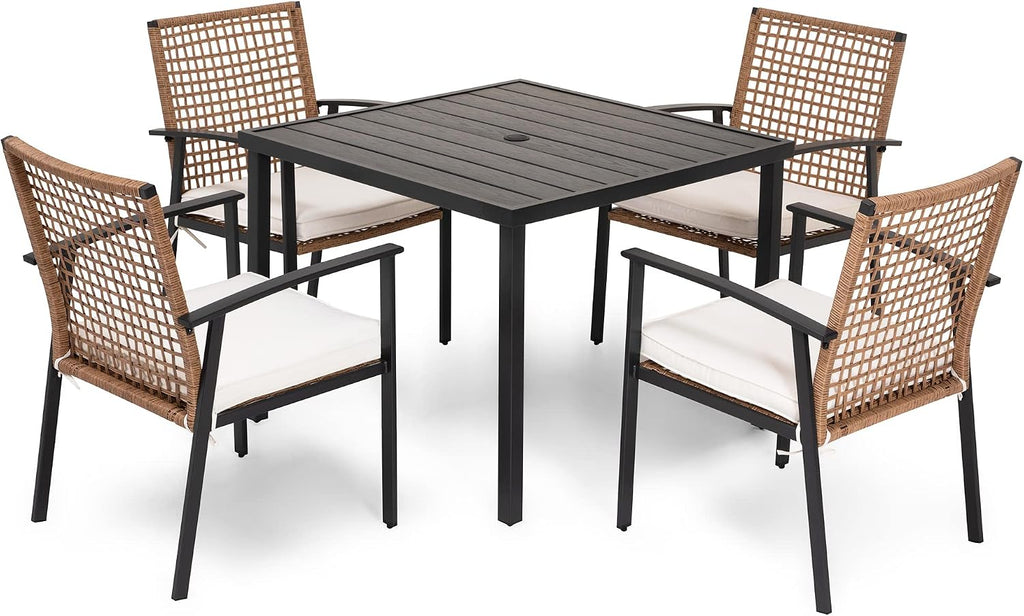 LAUSAINT HOME 5 Pieces Outdoor Patio Dining Set, Wicker Patio Furniture Set of 4 Chairs with Soft Cushion and Square Table with Umbrella Hole, Conversation Set for Backyard, Garden and Poolside