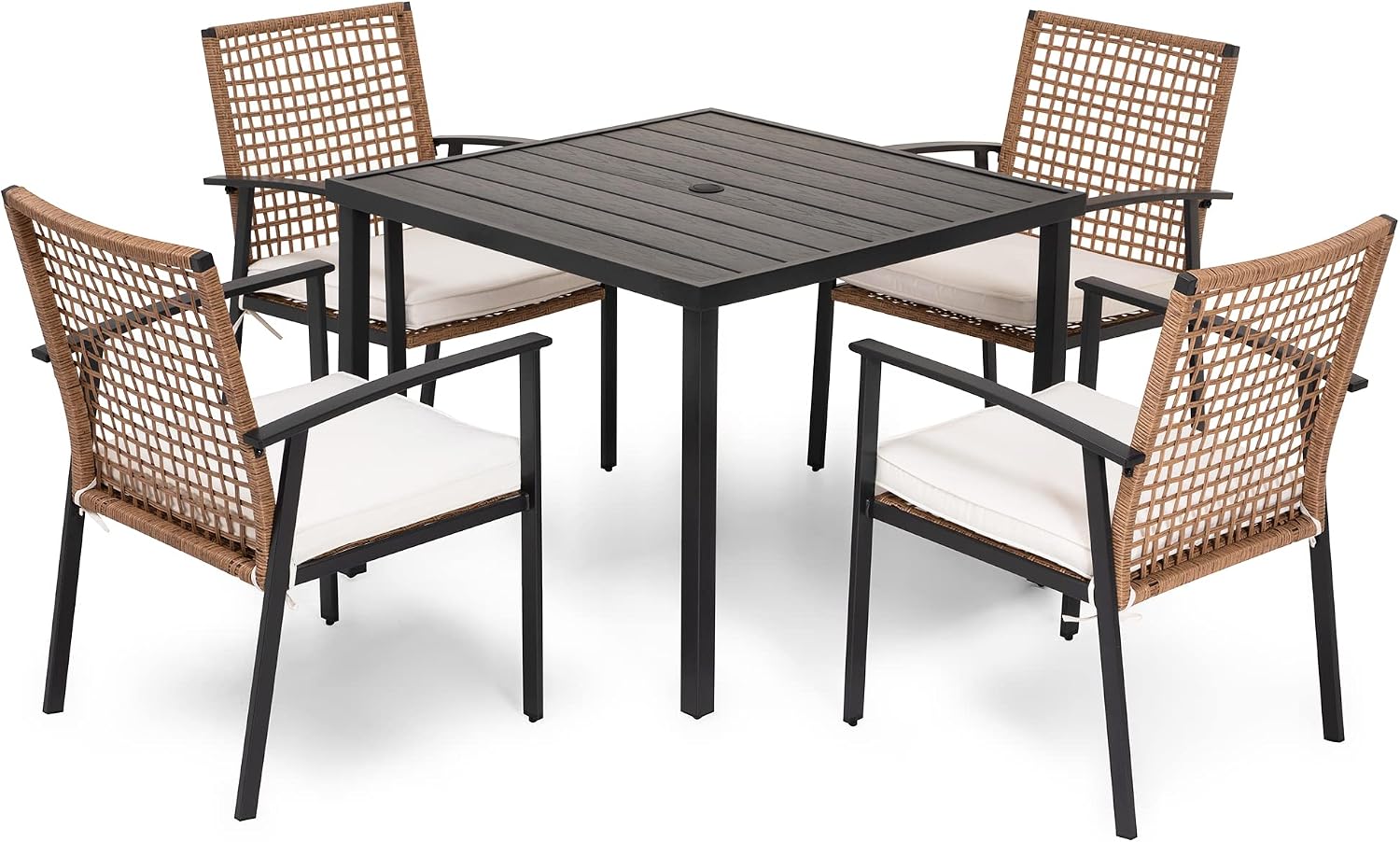 LAUSAINT HOME 5 Pieces Outdoor Patio Dining Set, Wicker Patio Furniture Set of 4 Chairs with Soft Cushion and Square Table with Umbrella Hole, Conversation Set for Backyard, Garden and Poolside