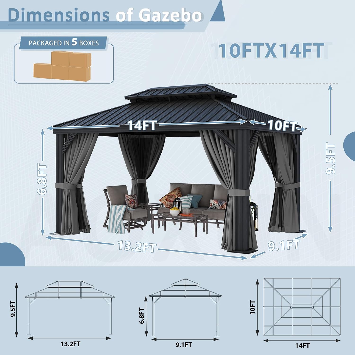Aoxun 10' x 14' Permanent Hardtop Gazebo with Galvanized Steel Double Roof and Aluminum Frames Outdoor Large Pavilion Gazebo for Patio Deck Garden, Nettings and Curtains Included, Gray