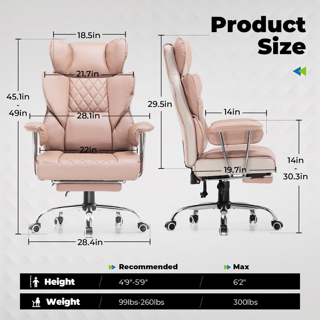 COMHOMA Big and Tall Office Chair, High Back Leather Gaming Chair with Footrest, Executive Ergonomic Office Chairs with Pocket Spring Lumbar Support and with Outward Fixed Soft Armrests