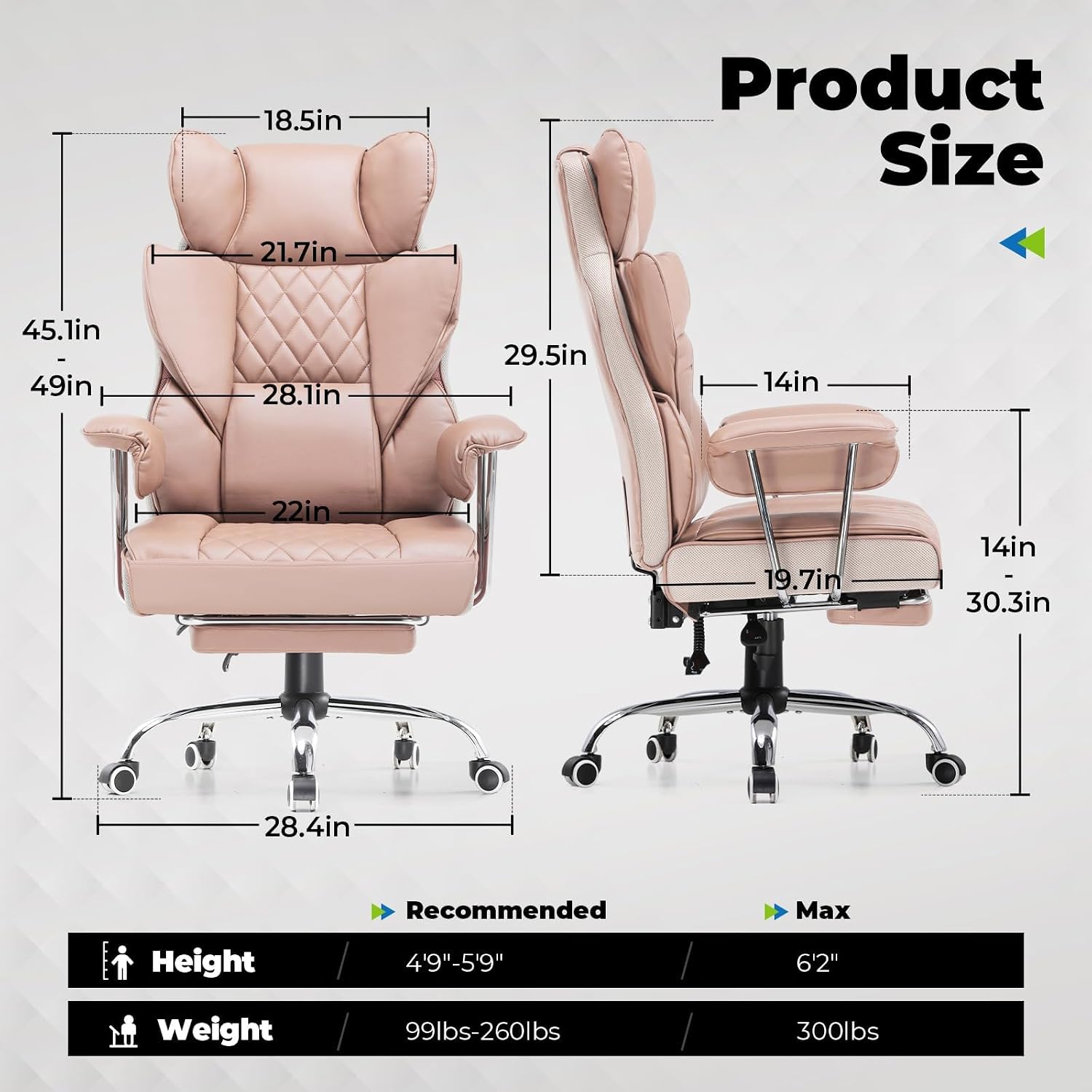 COMHOMA Big and Tall Office Chair, High Back Leather Gaming Chair with Footrest, Executive Ergonomic Office Chairs with Pocket Spring Lumbar Support and with Outward Fixed Soft Armrests
