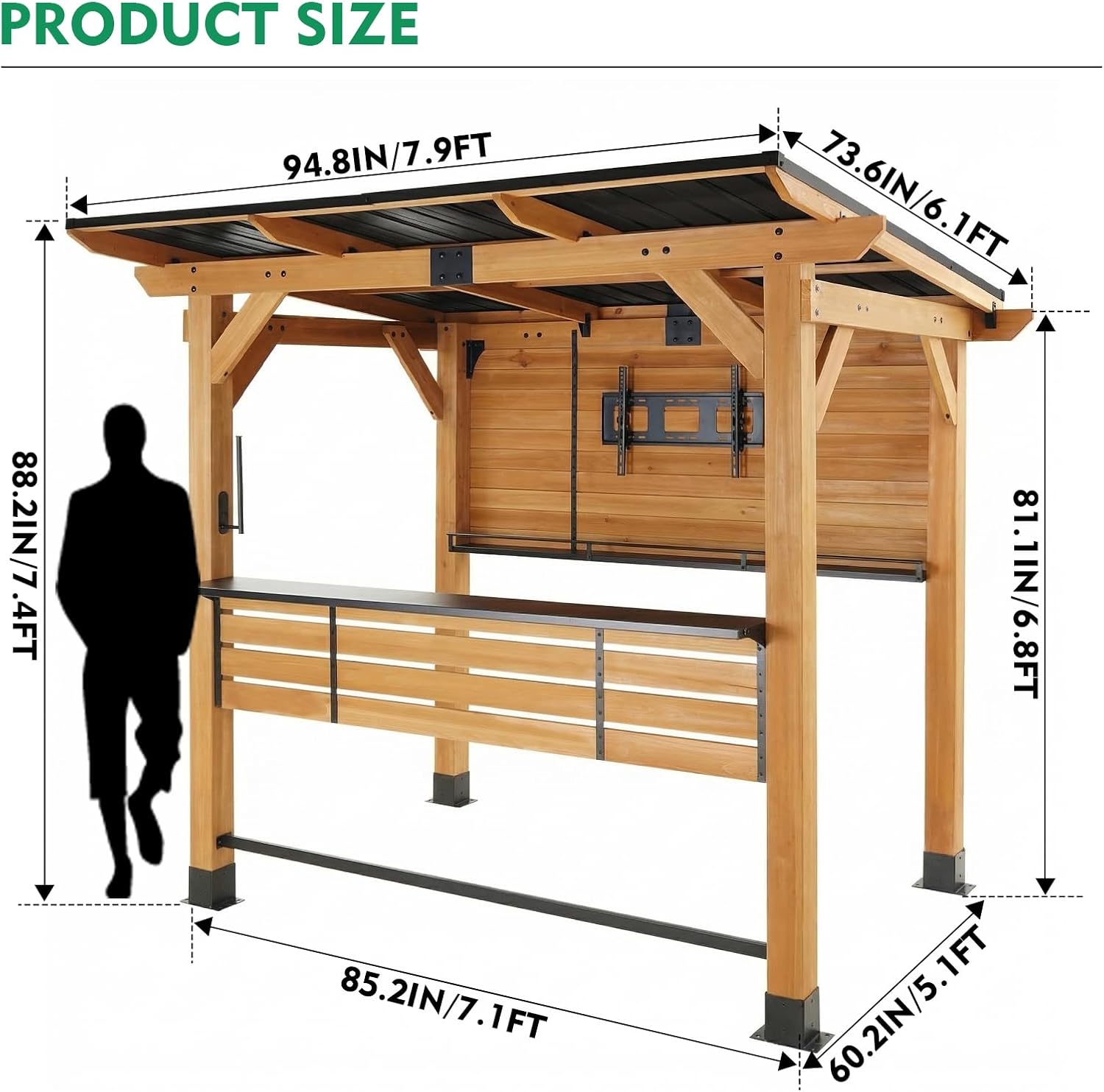 CHARMELEON Cedar Wood Entertainment Bar Center,6 x 8 FT Wood Gazebo Bar Including Metal TV Mount & Serving Bar & Paper Towel Holder& Bottle Opener,Outdoor Grill Gazebo for Patio,Garden
