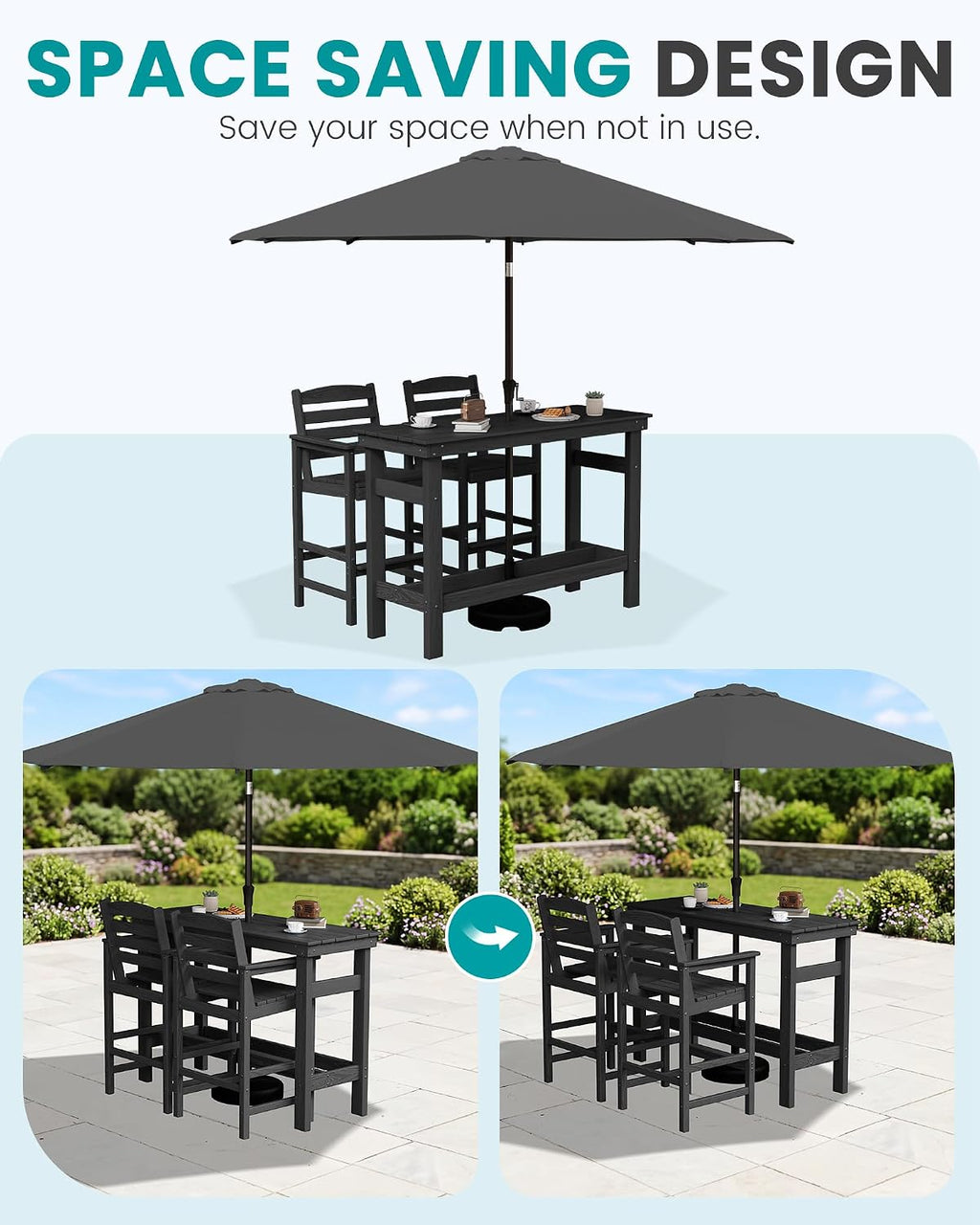 SERWALL Outdoor Bar Set with 9ft Umbrella, All-Weather HDPE Patio Bar Chairs and Table, Outdoor Furniture Set, Black (Umbreall Base not Included)