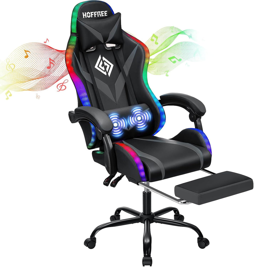 HOFFREE Gaming Chair Massage with Bluetooth Speakers and Led Lights Ergonomic Computer Gaming Chairs with Footrest RGB Video Game Chair with High Back Lumbar Support Grey and Black
