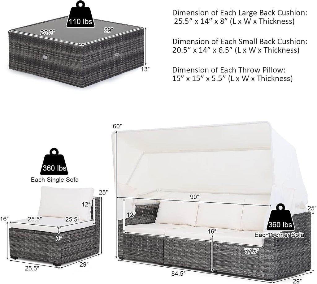Tangkula 6-Piece Patio Furniture Set w/Retractable Canopy, Outdoor Conversation Set w/3-Seat Daybed Sofa, Soft Cushions and Tempered Glass Coffee Table, All-Weather PE Rattan Sectional Sofa Set