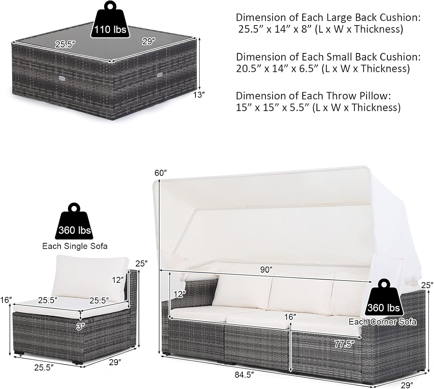 Tangkula 6-Piece Patio Furniture Set w/Retractable Canopy, Outdoor Conversation Set w/3-Seat Daybed Sofa, Soft Cushions and Tempered Glass Coffee Table, All-Weather PE Rattan Sectional Sofa Set