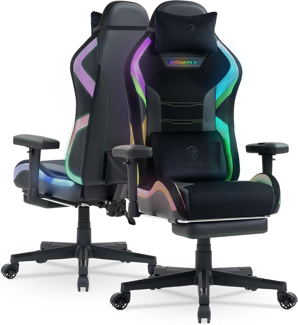 Dowinx Gaming Chair with RGB LED Lights, Ergonomic Game Chair with Footrest Massage Lumbar Support, Computer Gamer Chair for Adults Teens, Black Green