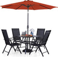 PHI VILLA Outdoor Patio Dining Set for 4 with 9ft Patio Umbrella (No Base), Outdoor Table and Chairs with Adjustable Patio Folding Chair & 37' Metal Dining Table for Garden, Yard and Deck