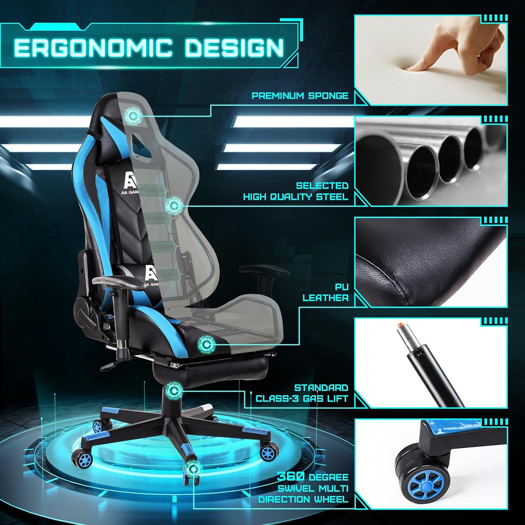 AA Products Gaming Chair High Back Ergonomic Computer Racing Chair Adjustable Office Chair with Footrest, Lumbar Support Swivel Chair - Blue