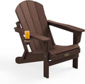 SERWALL Folding Adirondack Chair with Cup Holder for Outdoor, All-Weather Patio Chairs with Wood Texture, Fire Pit Chairs for Deck Porch Garden (Folding Coffee)