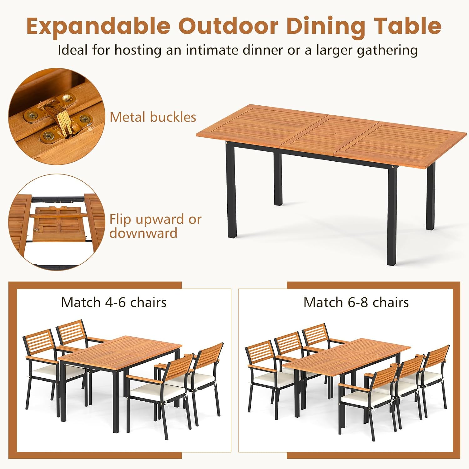 Tangkula 7 Piece Patio Dining Set, Outdoor Acacia Wood Cushioned Chairs and 51'-64' Expandable Rectangular Table Set, with Umbrella Hole, 6 Stackable Armchairs, for Poolside Garden (Off White)